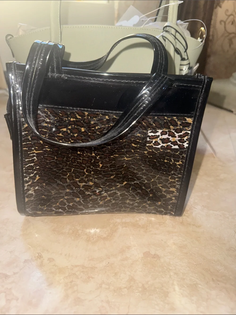 Patent mini Black Satchel with Brown Leopard Print Panel